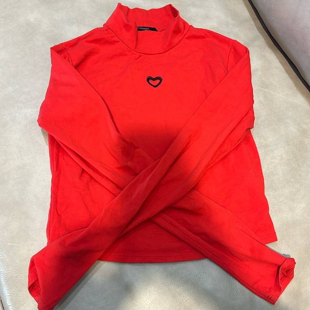 Forever 21 red long sleeve top with heart embroidered